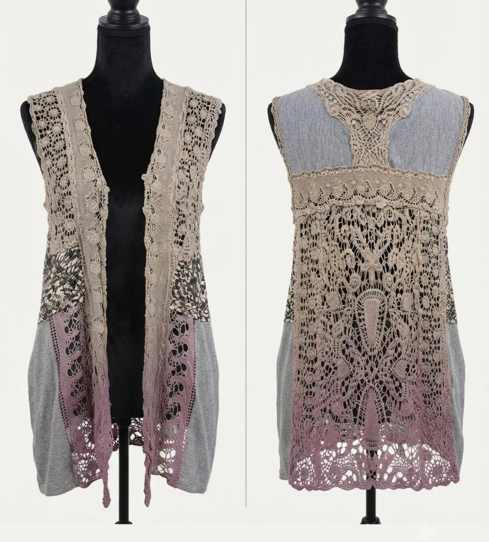 gimmicks by BKE Taupe and Mauve Crochet Open-Front Vest